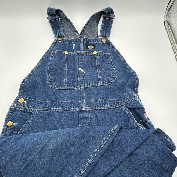 DICKIES Mens Bib Overalls 36x36 Medium Blue Denim Workwear 100% Cotton Carpenter - Picture 2 of 9